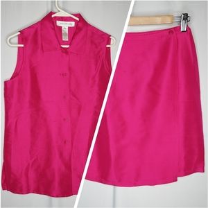 Jones NY Silk Skirt Set 4/6 Pink Satin Sleeveless Button Collar Quiet Luxury